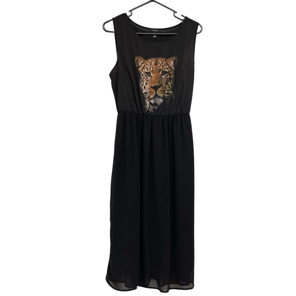 Forever 21 Womens Sleeveless Fierce Leopard Front Midi Dress, Black, SZ Medium